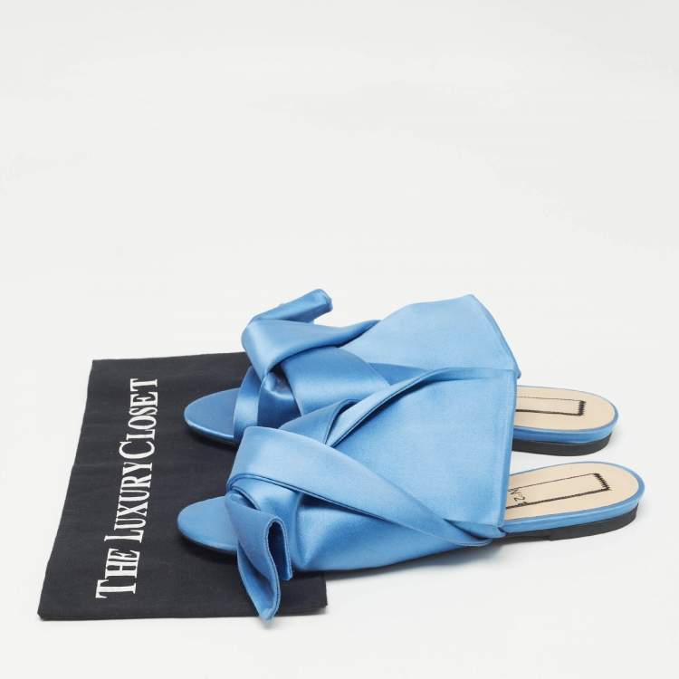 Pre Owned N21 Blue Satin Knotted Flat Slides Size 41