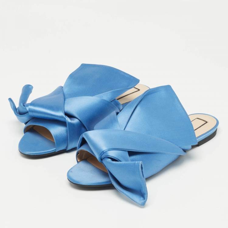 Pre Owned N21 Blue Satin Knotted Flat Slides Size 41