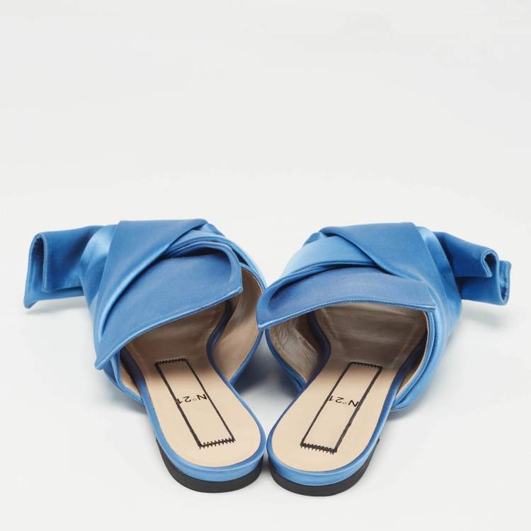 Pre Owned N21 Blue Satin Knotted Flat Slides Size 41