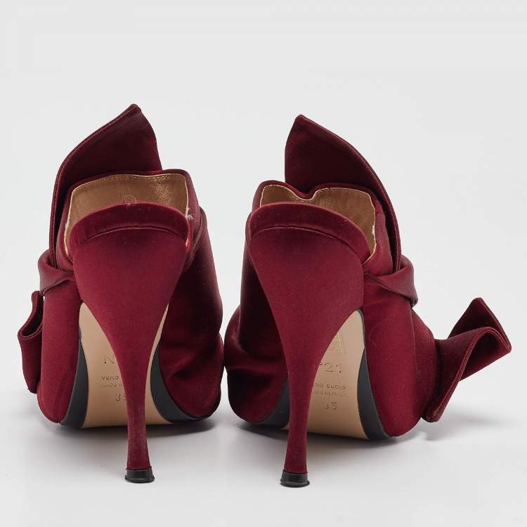 Pre Owned Nº21 Burgundy Satin Knotted Bow Mules Size 35