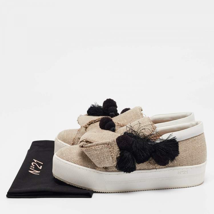 Pre Owned Nº21 Beige Jute Bow Slip On Sneakers Size 38