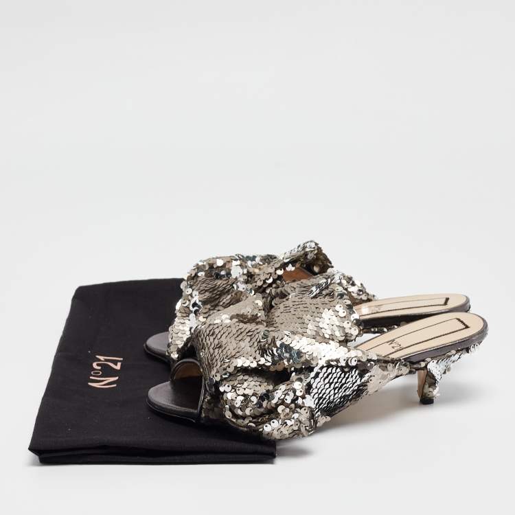 Pre Owned N21 Metallic Sequins Knotted Slide Sandals Size 37