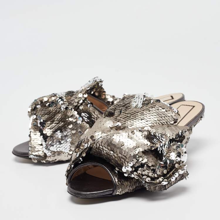 Pre Owned N21 Metallic Sequins Knotted Slide Sandals Size 37