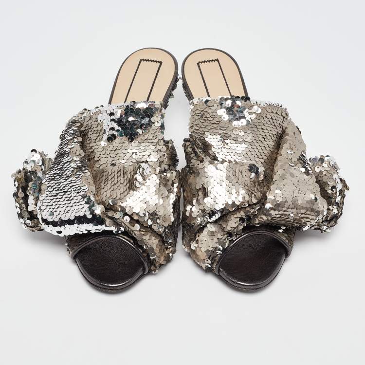 Pre Owned N21 Metallic Sequins Knotted Slide Sandals Size 37