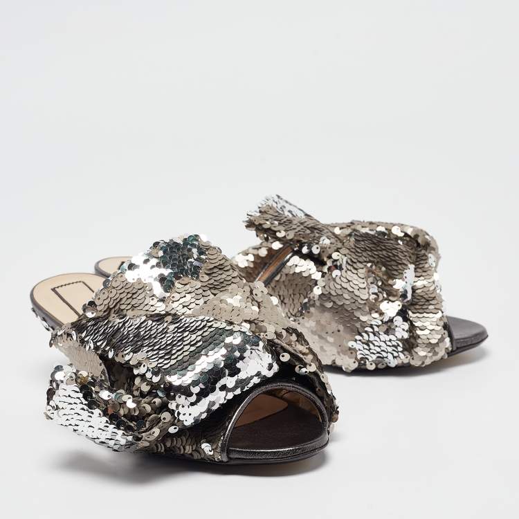 Pre Owned N21 Metallic Sequins Knotted Slide Sandals Size 37