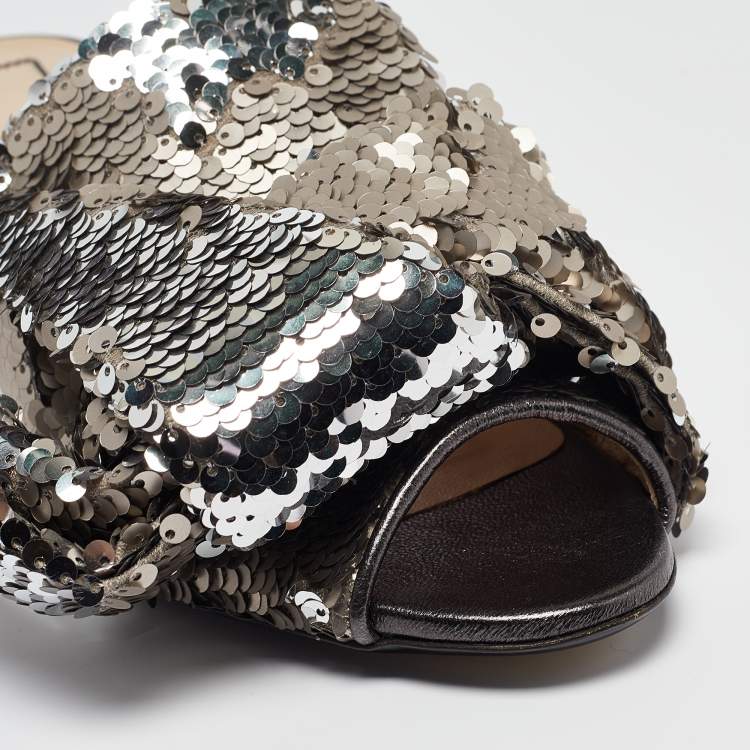 Pre Owned N21 Metallic Sequins Knotted Slide Sandals Size 37