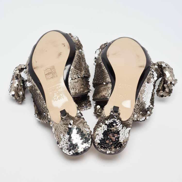 Pre Owned N21 Metallic Sequins Knotted Slide Sandals Size 37