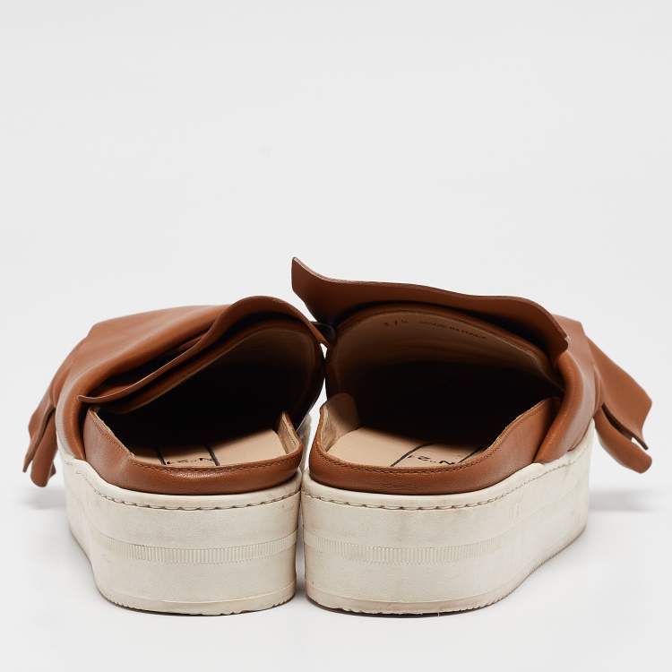 Pre Owned N21 Tan Knotted Leather Platform Mules Size 37.5