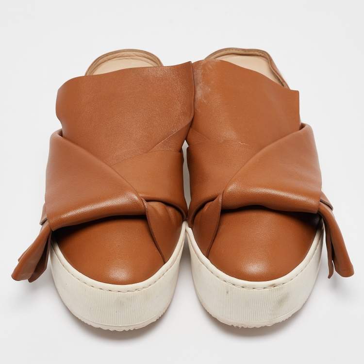 Pre Owned N21 Tan Knotted Leather Platform Mules Size 37.5