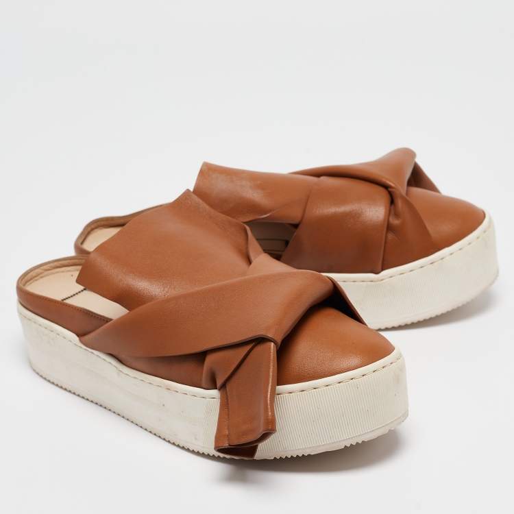 Pre Owned N21 Tan Knotted Leather Platform Mules Size 37.5
