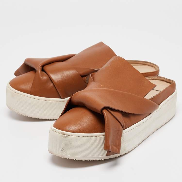 Pre Owned N21 Tan Knotted Leather Platform Mules Size 37.5