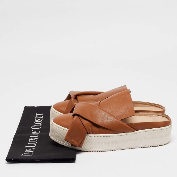 Pre Owned N21 Tan Knotted Leather Platform Mules Size 37.5