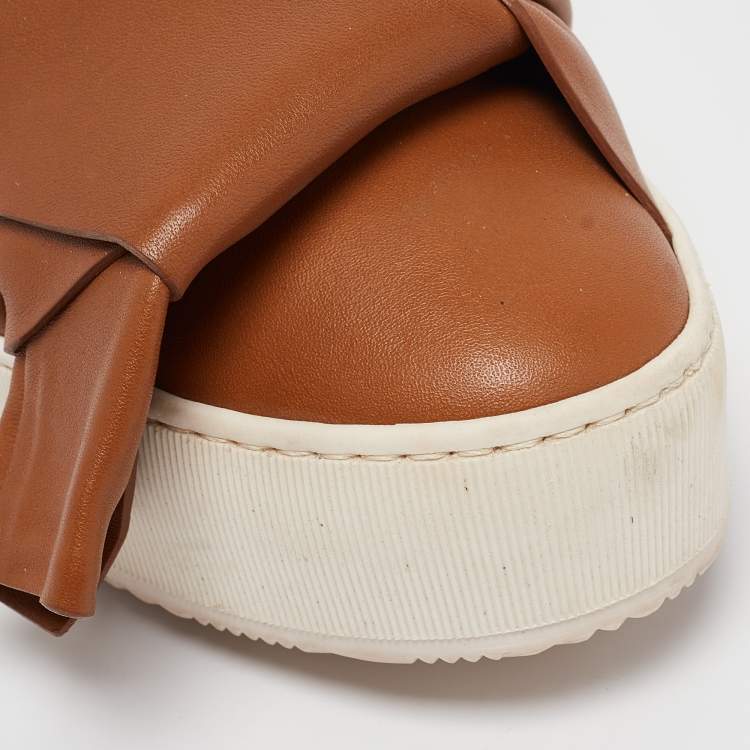 Pre Owned N21 Tan Knotted Leather Platform Mules Size 37.5