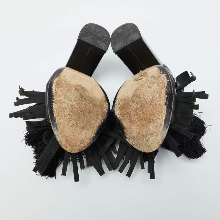 Pre Owned Nº21 Black Leather Tassel Fringe Block Heel Mules Size 40
