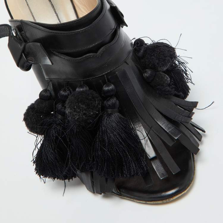 Pre Owned Nº21 Black Leather Tassel Fringe Block Heel Mules Size 40