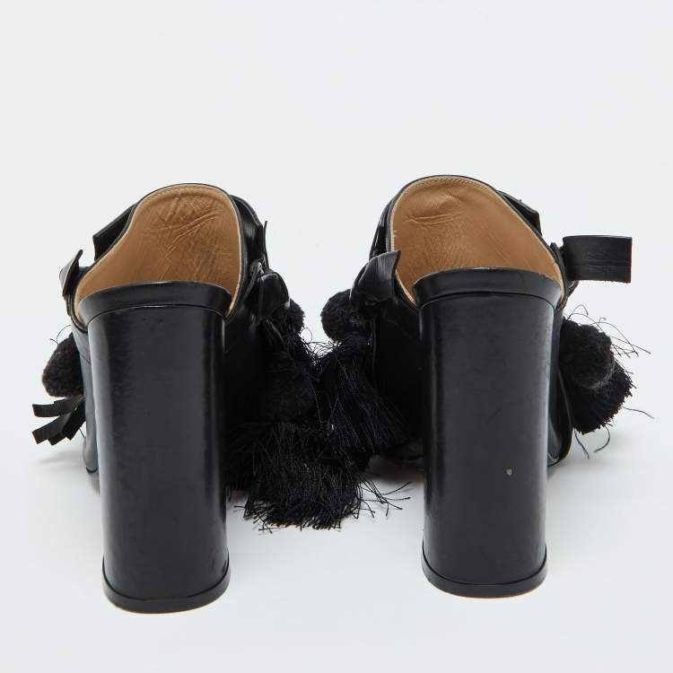 Pre Owned Nº21 Black Leather Tassel Fringe Block Heel Mules Size 40