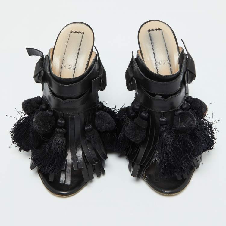 Pre Owned Nº21 Black Leather Tassel Fringe Block Heel Mules Size 40