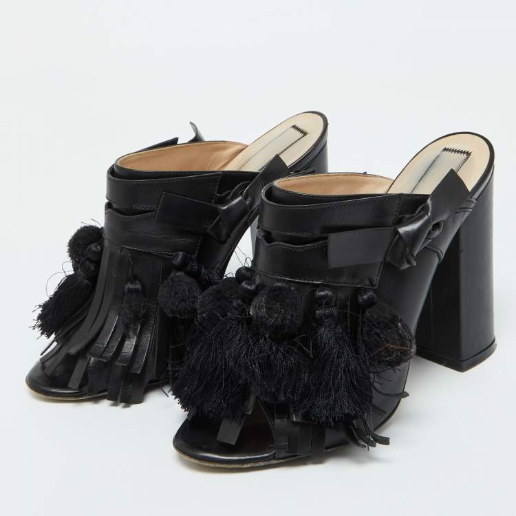 Pre Owned Nº21 Black Leather Tassel Fringe Block Heel Mules Size 40
