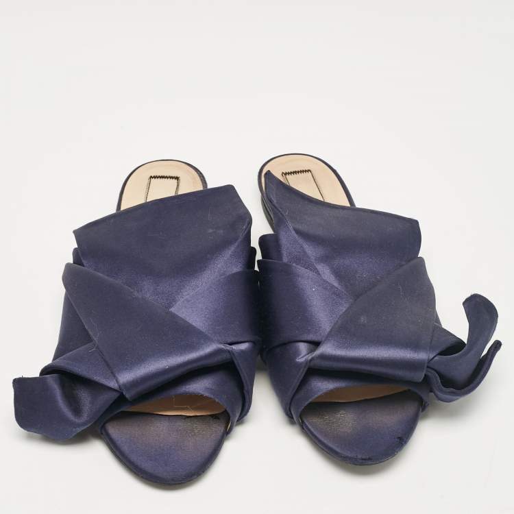 Pre Owned N21 Navy Blue Satin Knot Flat Slides Size 41