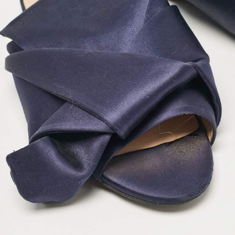 Pre Owned N21 Navy Blue Satin Knot Flat Slides Size 41