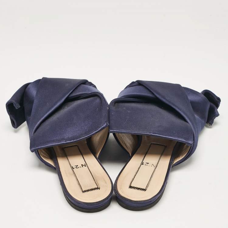 Pre Owned N21 Navy Blue Satin Knot Flat Slides Size 41