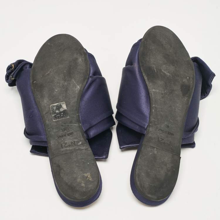 Pre Owned N21 Navy Blue Satin Knot Flat Slides Size 41