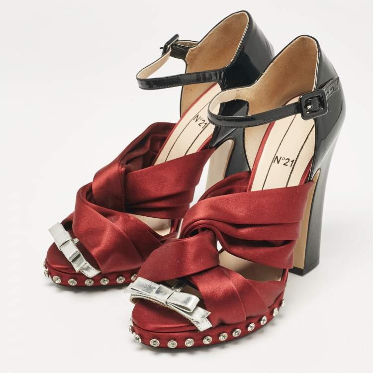 Pre Owned N°21 Burgundy/Black Patent Leather and Satin Ankle Strap Sandals Size 40