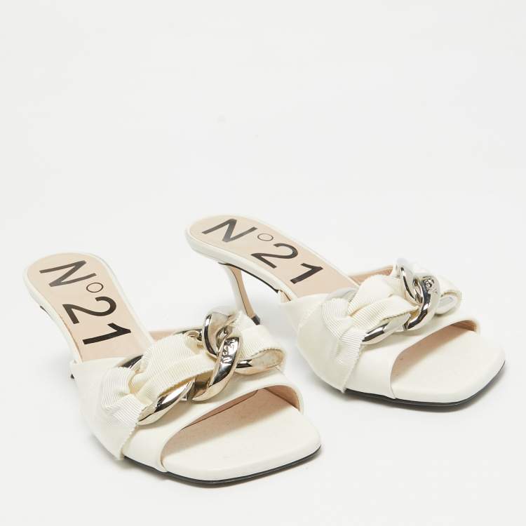Pre Owned N21 White Leather Chain Slide Sandals Size 37