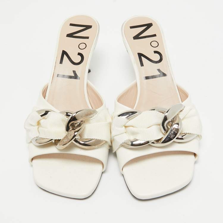 Pre Owned N21 White Leather Chain Slide Sandals Size 37