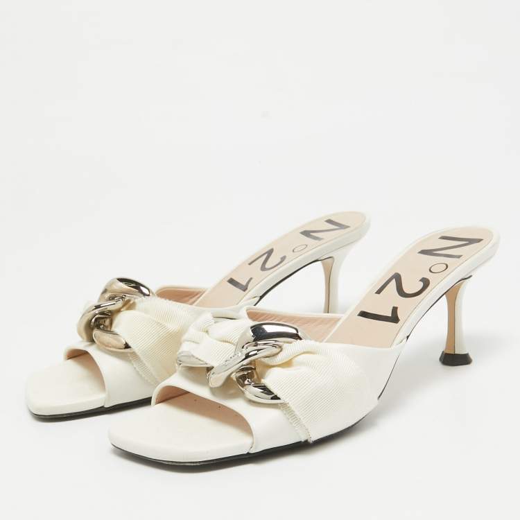 Pre Owned N21 White Leather Chain Slide Sandals Size 37