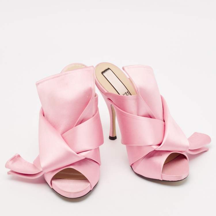 Pre Owned N21Pink Satin Raso Knot Peep Toe Mules Size 37.5