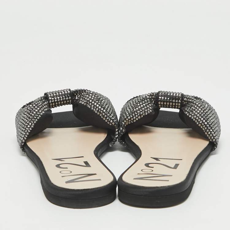 Pre Owned N21 Black Satin Crystal Embellished Bow Flat Slides Size 39 