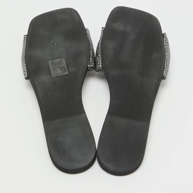 Pre Owned N21 Black Satin Crystal Embellished Bow Flat Slides Size 39 