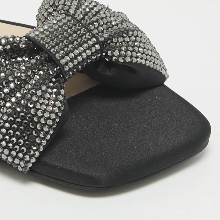 Pre Owned N21 Black Satin Crystal Embellished Bow Flat Slides Size 39 