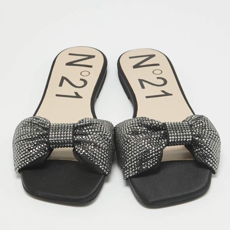 Pre Owned N21 Black Satin Crystal Embellished Bow Flat Slides Size 39 