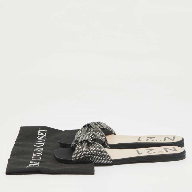 Pre Owned N21 Black Satin Crystal Embellished Bow Flat Slides Size 39 