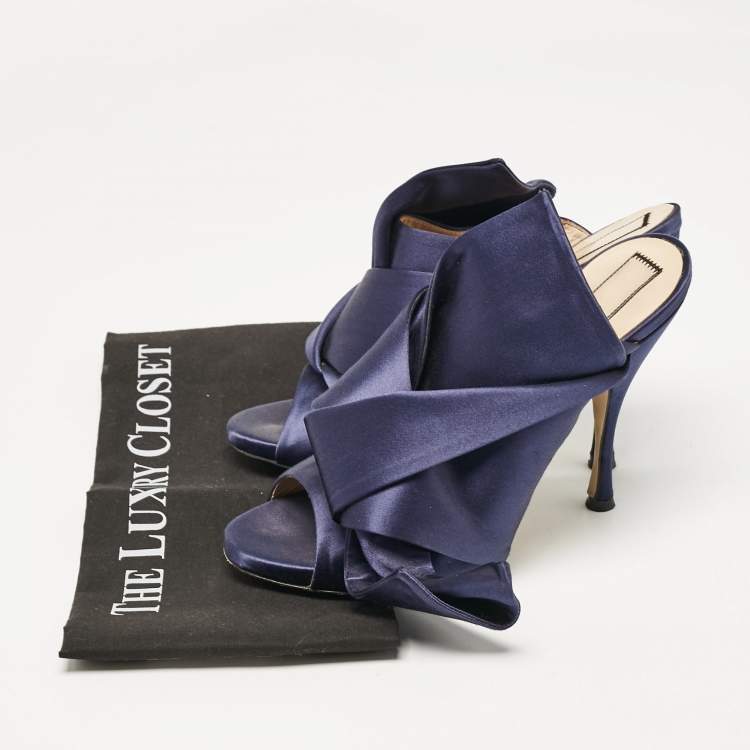 Pre Owned N21 Navy Blue Satin Raso Knot Peep Toe Mules Size 41