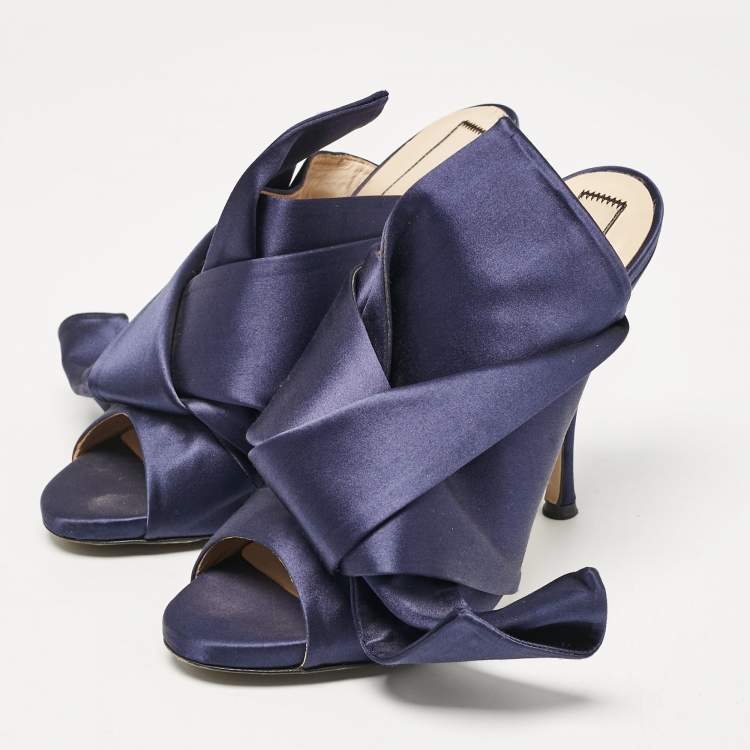 Pre Owned N21 Navy Blue Satin Raso Knot Peep Toe Mules Size 41