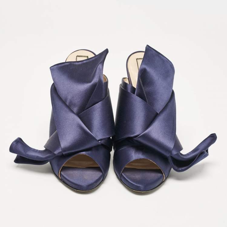 Pre Owned N21 Navy Blue Satin Raso Knot Peep Toe Mules Size 41