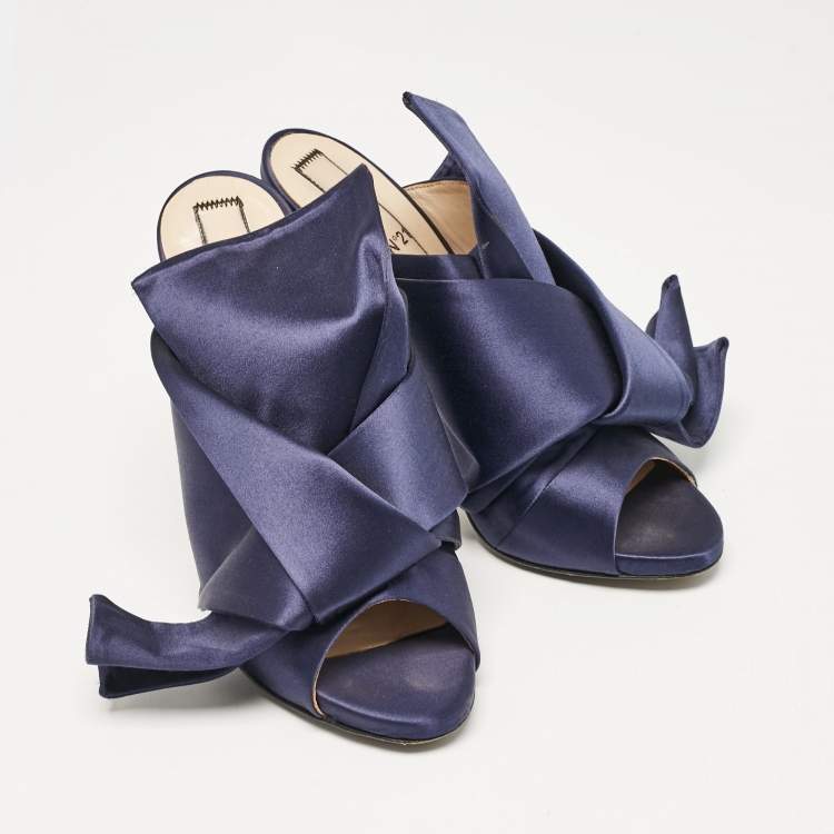 Pre Owned N21 Navy Blue Satin Raso Knot Peep Toe Mules Size 41