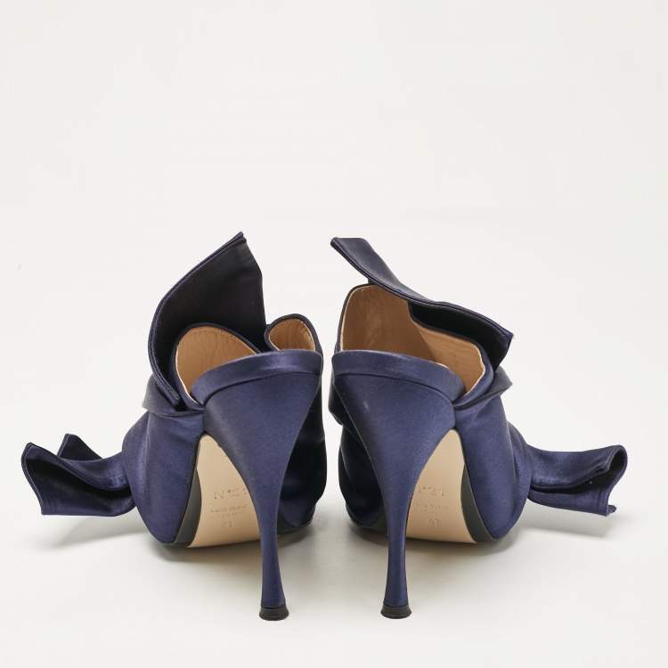 Pre Owned N21 Navy Blue Satin Raso Knot Peep Toe Mules Size 41