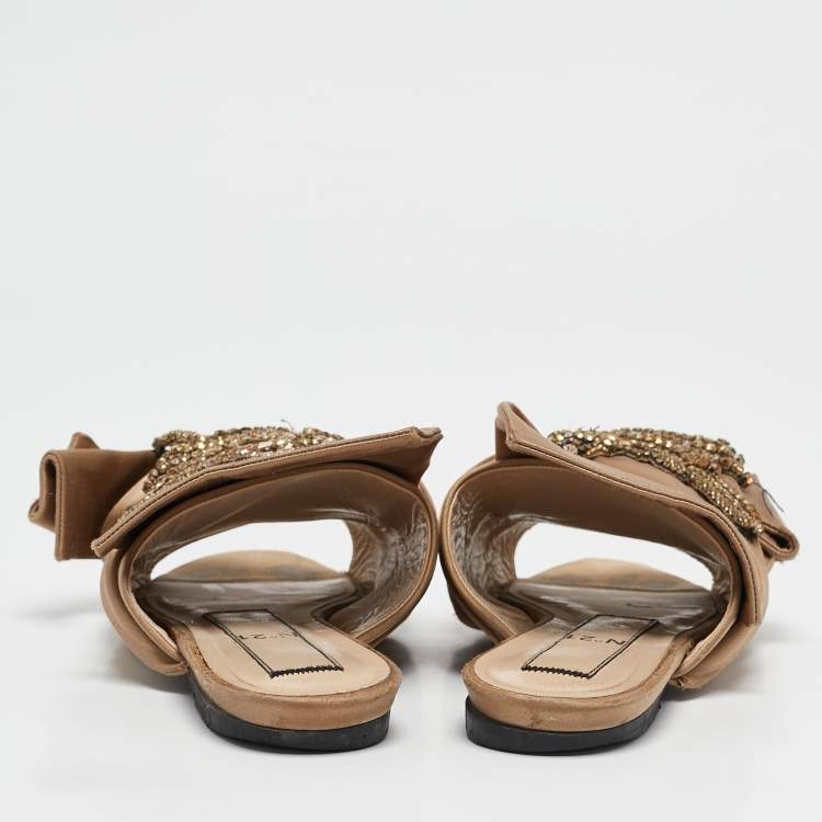Pre Owned N°21 Brown Satin Raso Knot Flat Slides Sizes 37