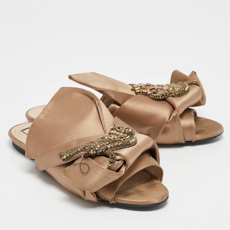 Pre Owned N°21 Brown Satin Raso Knot Flat Slides Sizes 37