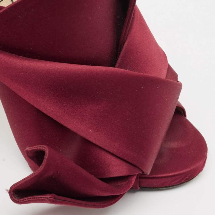 Pre Owned N21 Burgundy Satin Raso Knot Peep Toe Mules Size 36