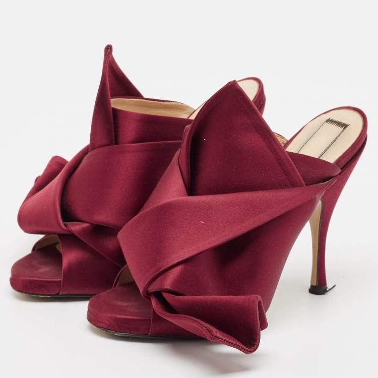 Pre Owned N21 Burgundy Satin Raso Knot Peep Toe Mules Size 36