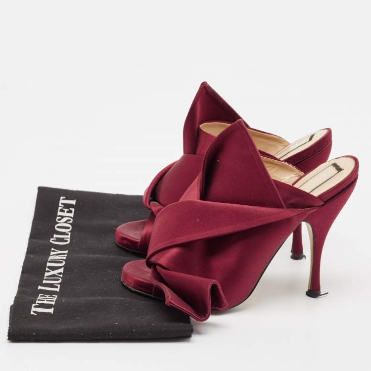 Pre Owned N21 Burgundy Satin Raso Knot Peep Toe Mules Size 36
