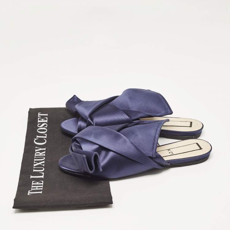 Pre Owned N21 Navy Blue Satin Knot Flat Slides Size 39