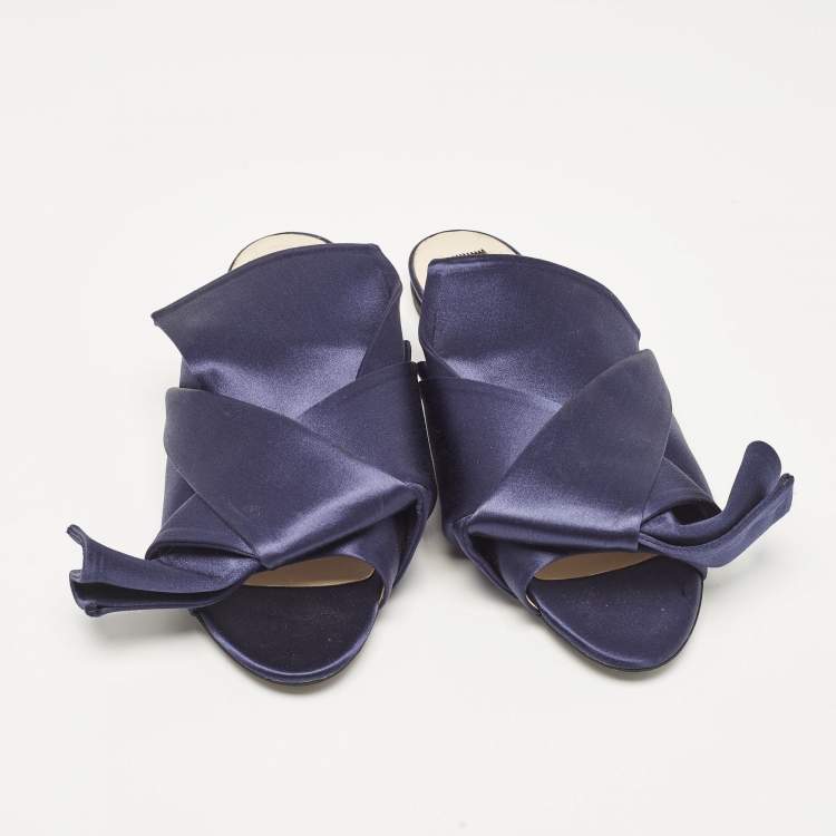 Pre Owned N21 Navy Blue Satin Knot Flat Slides Size 39
