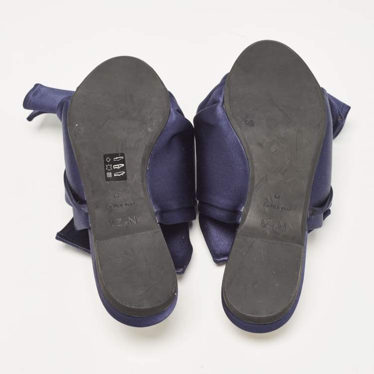 Pre Owned N21 Navy Blue Satin Knot Flat Slides Size 39