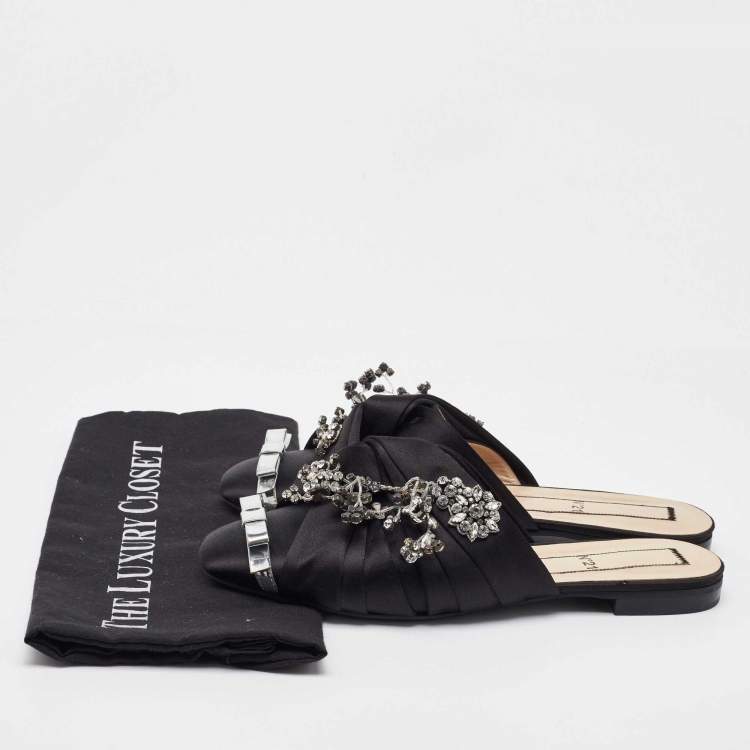 Pre Owned N°21 Black Satin Crystal Embellished Flat Mules Size 40
